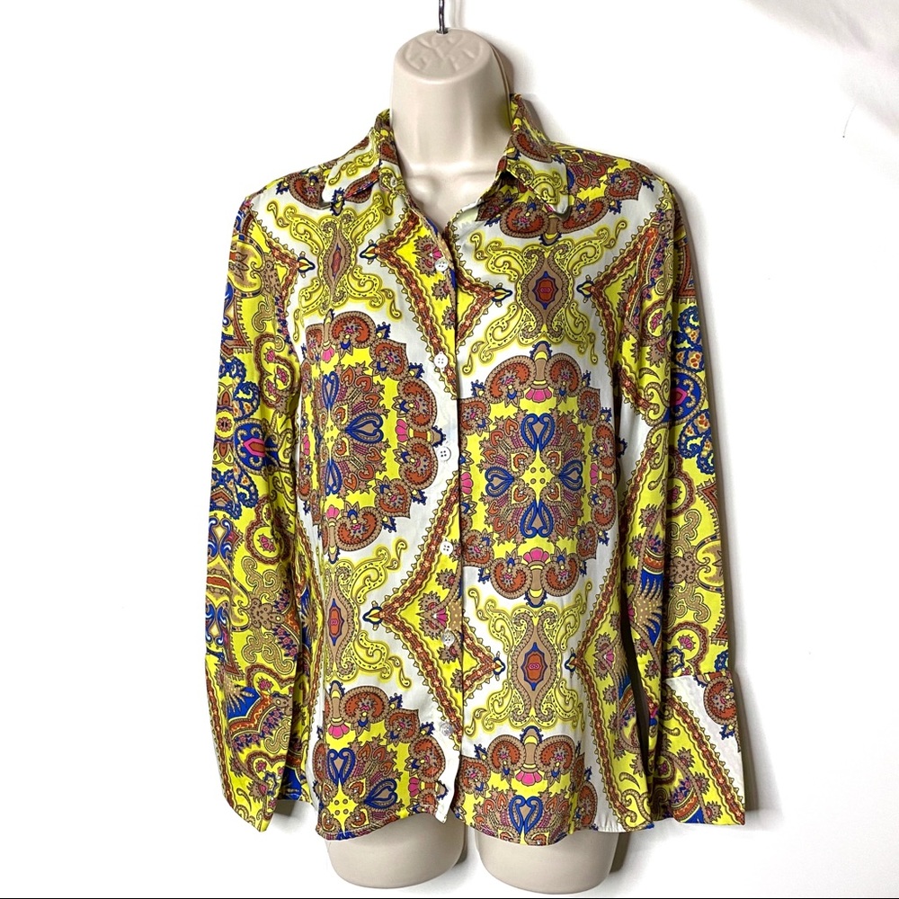 Farm Rio golden paisley button down collared blouse with metal collar tips S B9